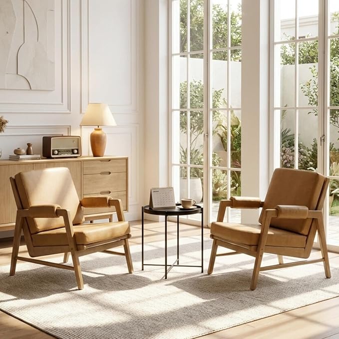 CIMOTA Mid Century Modern Accent Chair Set of 2 Leather Upholstered Living Room Chairs with Arms Comfy Reading Chair with Solid Wood Frame High Back for Bedroom Waiting Room Office Brown