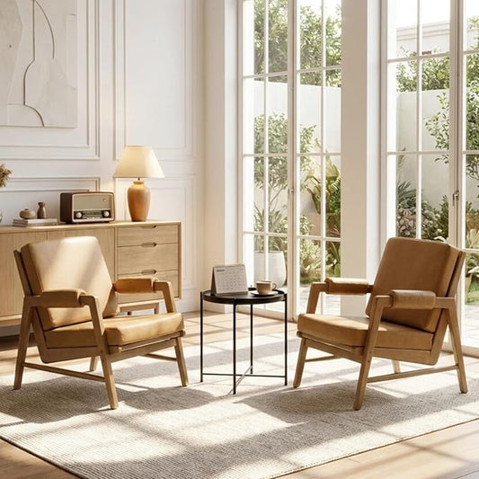 CIMOTA Mid Century Modern Accent Chair Set of 2 Leather Upholstered Living Room Chairs with Arms Comfy Reading Chair with Solid Wood Frame High Back for Bedroom Waiting Room Office Brown