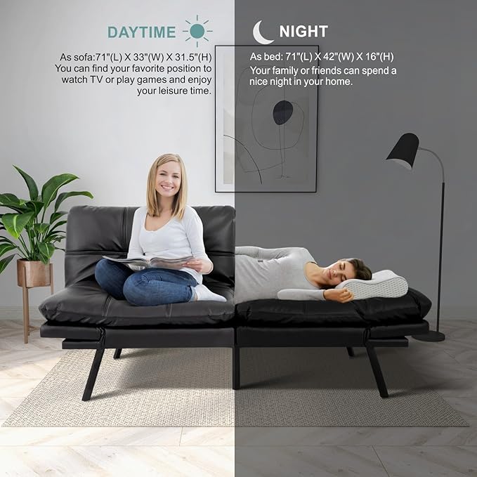 MUUEGM 71 Futon Sofa Bed with Memory FoamFuton Couch with Adjust Backrest and Armrest Couches Bed for Living RoomStudios Apartments Dormitories Offices and Game Room.Matt Black Leather Sofa Bed