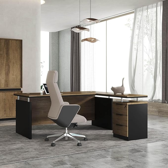 63 Inch L-Shaped Executive Desk Set of 2 Industrial Modern Wood Office Desk with 3 Drawers Built-in Cable Management &amp Power Outlet Real Wood Finish Reversible Left/Right Return Home Workstati