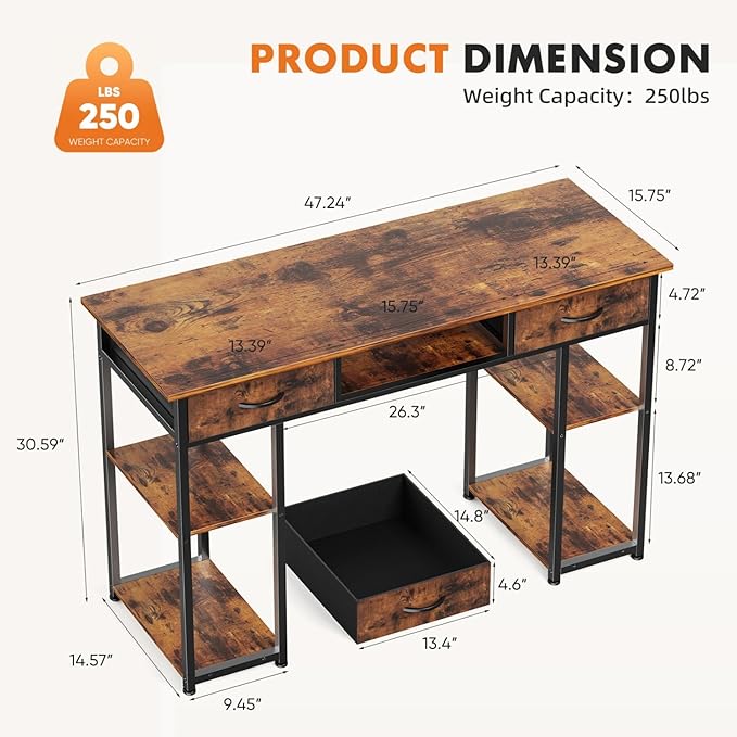 47 Inch Computer Desk with 2 Drawers Home Office Desk with Wooden Shelves Study Writing PC Table for Small Spaces Bedroom Dorm or Living Room Rust
