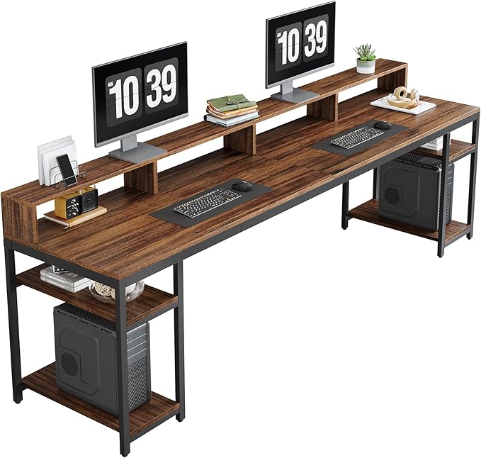 Tribesigns 78.74 Inches Extra Long Two-Person Desk Double Computer Desk with Monitor Stand and Storage Shelves Study Work Table for Home Office (Rustic Brown)