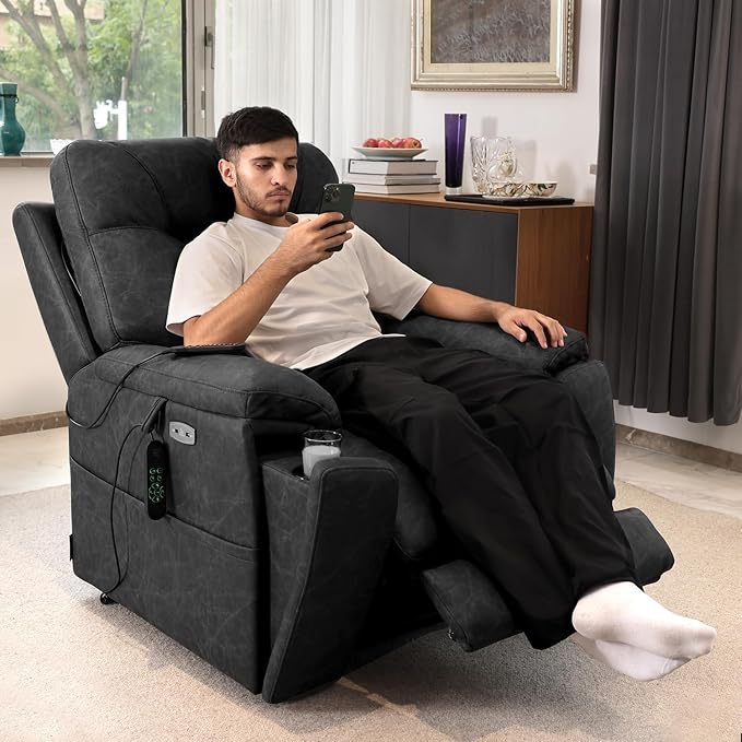 EONIX Triple Motor Lay Flat Power Lift Recliner Chair for Elderly 400lbs Electirc Lift Chair for Living Room Independent Adjustable Lumbar Extended Footrest Hidden Cup Holders Charcoal Black
