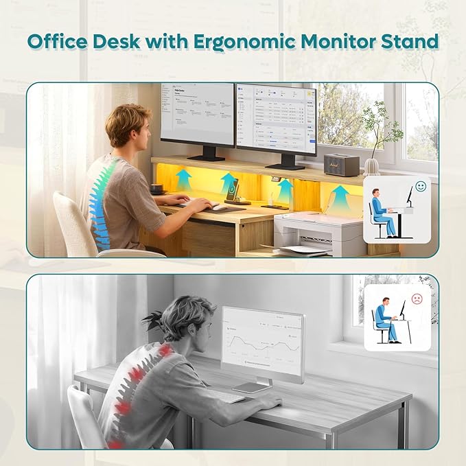 Bestier 55 Computer Desk with Power Outlets &amp LED Lights Home Office Desk with Lockable File Drawer &amp Printer Shelf Monitor Stand Modern Workstation for Gaming Study Natural Oak