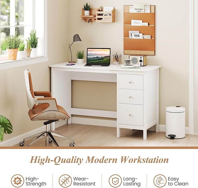 Giantex White Desk with Drawers 48 Inch Home Office Desk with Anti-Toppling Device Multifunctional Computer Workstation Wood Study Writing Desk for Small Spaces Bedroom
