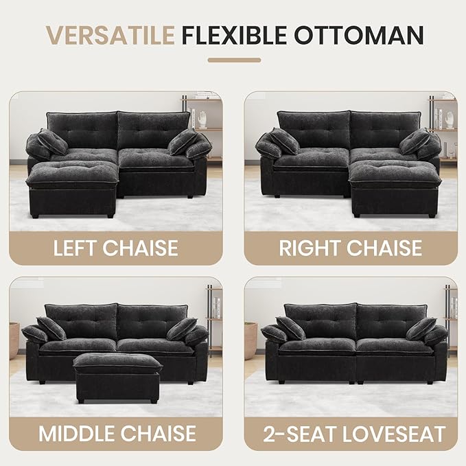 89 Modular Sectional Sofa Comfy Cloud Couch with Movable Ottoman 3-Seat Chenille Deep Seat Sofa with Throw Pillows/USB Ports for Living Room Office and Apartment (Dark Grey)