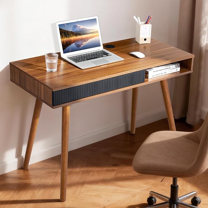 Artswish Mid Century Modern Office Desk with Drawer &amp Open Cubby 42.5 Walnut Writing Desk with Cable Grommet Solid Wood Legs Simple Home Office Desk for Bedroom Study Walnut
