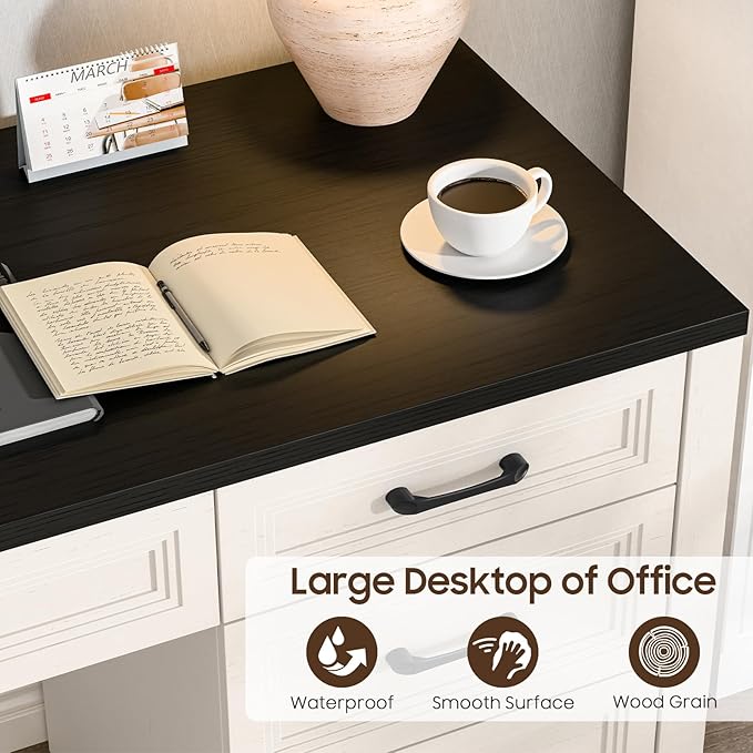 Vabches Farmhouse Executive Desk with Storage and Ample File Drawer Rustic Large Home Writing Desk for Bedroom Black