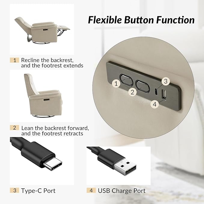HULALA HOME Power Recliner Chair Faux Leather Modern Electric Recliner with High Back Nursery Rocking Glider Recliner with USB Type-C Port for Living Room Bedroom Home Beige