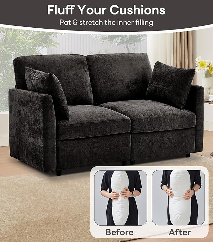 Tbfit 59 Loveseat Sofa Chenille Small Sofa Couch Love Seat with 2 Pillows for Small Space Bedroom &amp Living Room Black