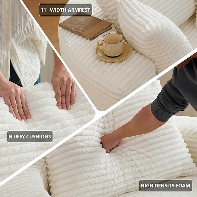 55'' Oversized Round Chair Lounge Chaise Indoor Cloud Boneless Large Circle Chair with Plush Corduroy No Assembly Required Fluffy Modern Sleeper Sofa Bed for Reading Living Room Bedroom(White)