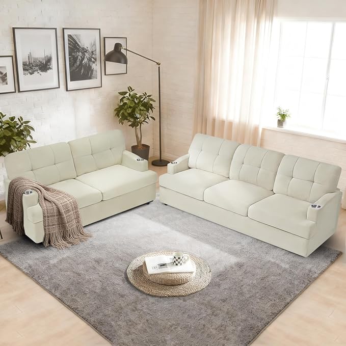 Chenille Modern Sofa Set with Cup Holder Tufted Upholstered Couch and Lovesaet with Thickened Cushions Comfy 3 Seater and 2 Seater Sofa with Deeper Seat for Living Room ApartmentBeige