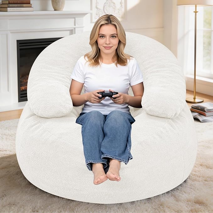 HABUTWAY Giant Bean Bag Chair Oversized Beanbag Chair with Filler Ultra Soft Teddy Fleece Bean Bag Lounge Floor Sofa w/U-Shaped Pillow for Gaming Reading Beige &amp Beige