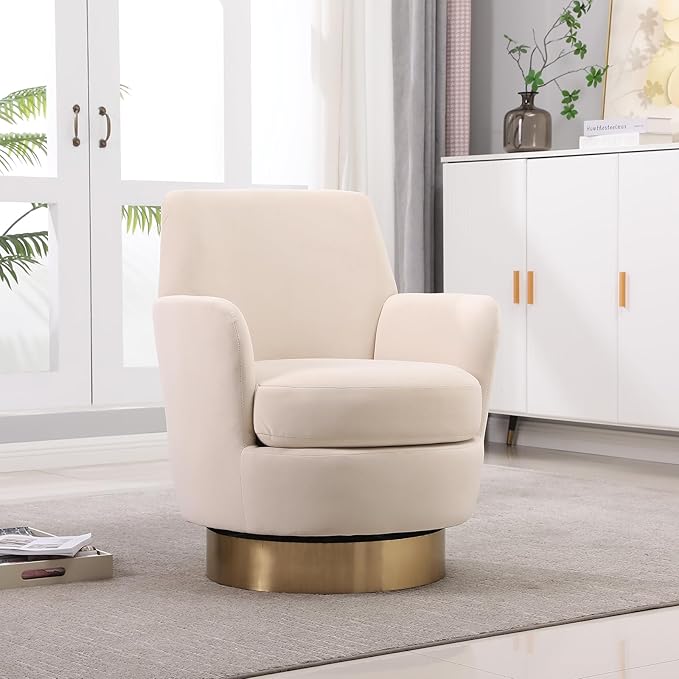 360° Swivel Barrel Accent Chair Comfy Round Accent Chairs with Gold Iron Base &amp Dual-Layer Cushion Modern Lounge Reading Armchair Upholstered Sofa Chair for Living Room Bedroom(Velvet Beige)