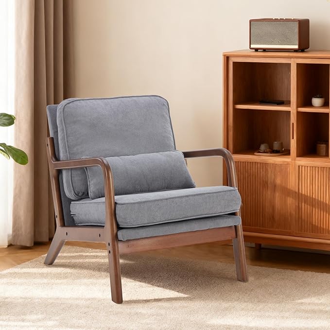 DUMOS Accent Chairs Set of 2Mid Century Modern Chair with Arms and Waist Cushion Reading Chairs for Adults Lounge Chair for Living Room and Bedroom Solid Wooden FrameClassic Grey