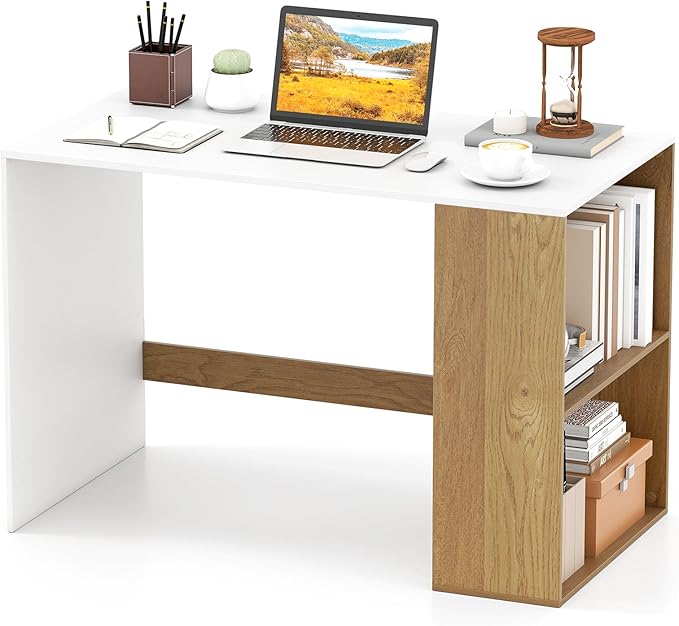 Giantex Small Desk with Bookshelf 44 Inch Modern Computer Desk for Small Spaces Laptop PC Desk Vanity Table for Bedroom Study Writing Desk for Home Office (White+Natural)