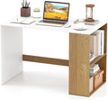 Giantex Small Desk with Bookshelf 44 Inch Modern Computer Desk for Small Spaces Laptop PC Desk Vanity Table for Bedroom Study Writing Desk for Home Office (White+Natural)