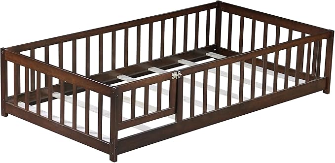 Bellemave Twin Floor Bed Frame with Slats and Safety Guardrail Wood Twin Size Montessori Floor Bed with Door and Fence Easy Assemble Montessori Beds for Kids Girls Boys Espresso
