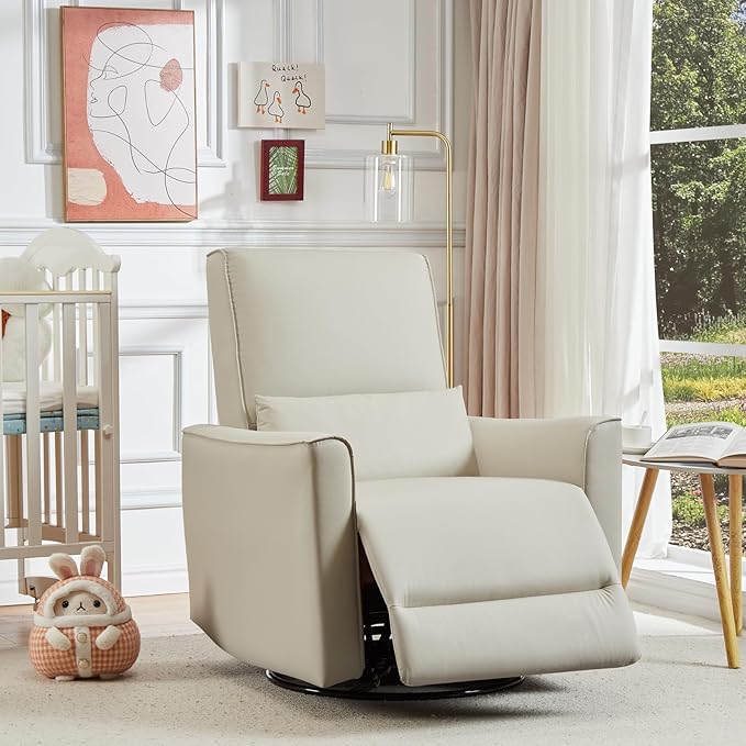 Swivel Rocking Recliner Chair Upholstered Faux Leather Glider Recliner with Lumbar Support High Backrest &amp Padded Armest Manual Nursery Recliner for Living Room (Manual Beige)