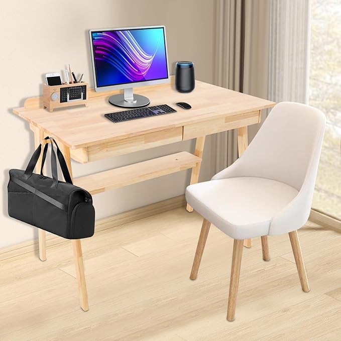 Eapmic Solid Wood Writing Desk Computer Table Study Desk with Drawers Small Space Home Office Workstation Freestanding Wooden Study Table for Bedroom Apartment Dorm Minimalist Design (BurlywoodB)