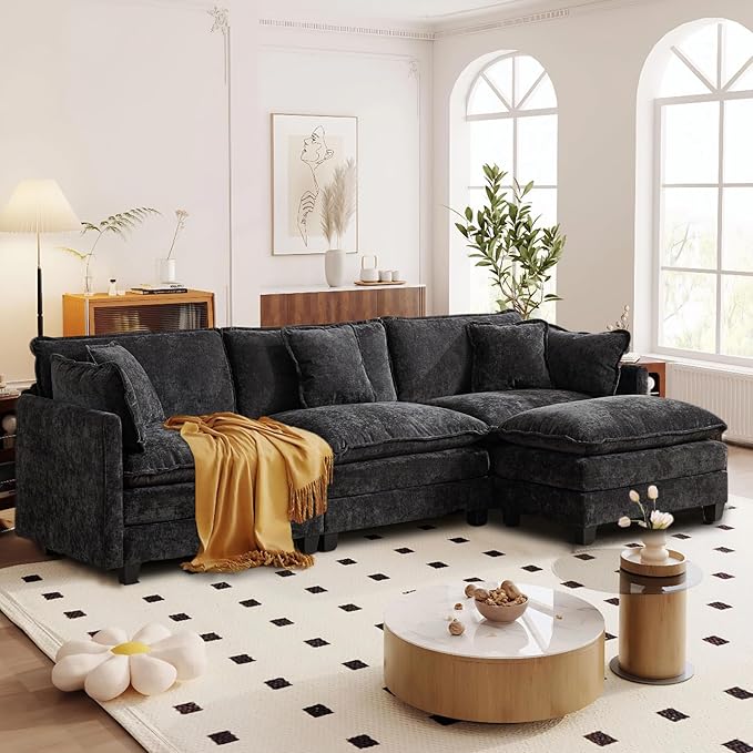 SoarFlash 113.78 Chenille Sectional Sofa Comfy L Shaped Modular Coush Sofa with Ottoman Modern 4 Seat Couch Deep Seat Sofa Set for Living RoomBlack