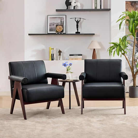 STHOUYN Black Leather Accent Chairs Set of 2 Mid Century Modern Accent Chair Side Arm Chairs for Living Room Office Guest Waiting Room Chairs (2 Black)