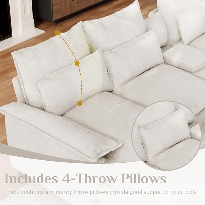 OUYESSIR 135 U Shaped Sectional Cloud CouchBeige Sectional Couches for Living RoomComfy Fluffy Chenille Oversized Cloud CouchModular Sectional Sofa with Central Console &amp Double Chaise Lounge