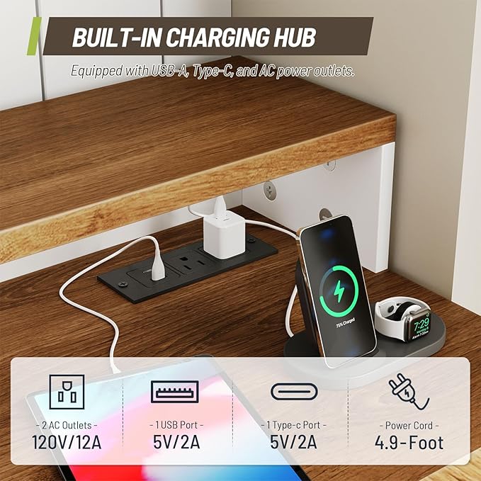 Farmhouse 63 L Shaped Standing Desk Corner Computer Desk with Drawers Office Desk with File Drawers with RGB Lighting &amp Charging Station Monitor Stand and Storage Shelves White and Walnut