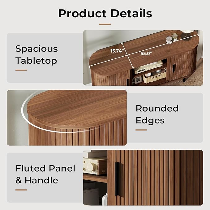 BREEZEHEAT 55'' Mid Century Modern Fluted TV Stand-Curved TV Cabinet with Storage Sliding Doors &amp Adjustable Shelves-Entertainment Center for TVs Up to 65 Inches Walnut Media Console for Living