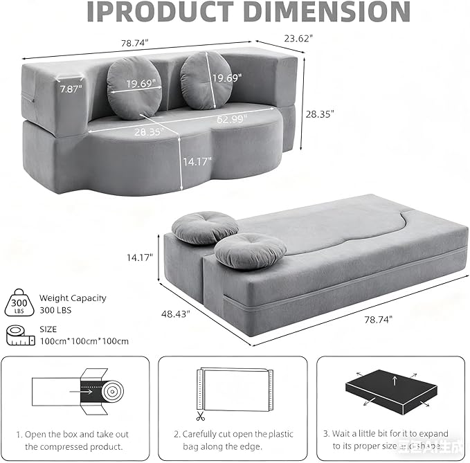 2-in-1 Convertible Sofa Bed 78.7 Memory Foam Boneless Couch Bed Full Size Love Seat Sleeper Sofa Floor Couch Loveseat w/ 2 Pillows for Living Room Bedroom Apartment Office No Assembly Orange