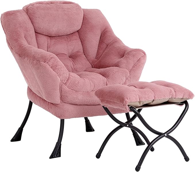 LITA Lazy Chair with Ottoman Modern Accent Leisure Upholstered Sofa Chair Lounge Reading Chairs with Armrests and a Side Pocket for Living Room Bedroom &amp Small Space Plush Dark Pink