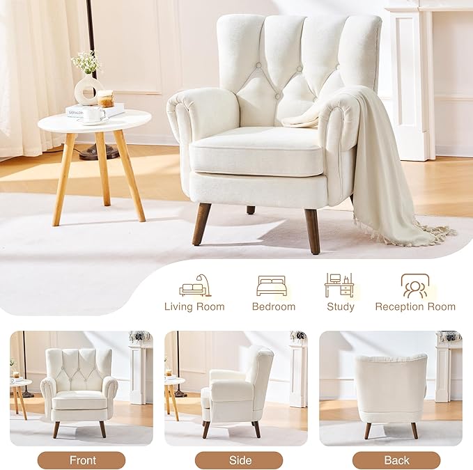 Chenille Wingback Accent Chairs Set of 2 Mid-Century Modern Living Room Armchair with Removable Cushions High Wingback Reading Chair Upholstered Comfy Chair for Living Room BedroomBeige