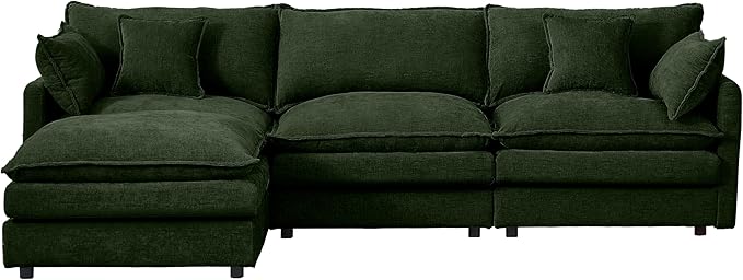 Green Sectional Modular Sofa Cloud Couch 105 Modern Convertible L-Shape Sofa Deep 3-Seater Soft Chenille Comfy Upholstered with Removeable Ottoman Set and Removable Cushions for Living Room