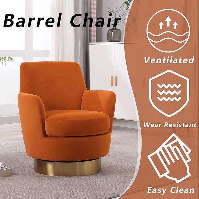 Velvet Swivel Accent Chairs for Living RoomComfy Swivel Barrel Chair with Foam Cushion Round Swivel Chair &amp Boucle Swivel Chair with High Back Round Armrest Gold Base (Orange 2)