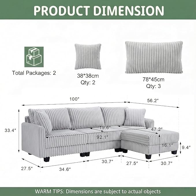 100 L Shaped Sectional Couches for Living Room Modular Sectional Sofa with Movable Ottoman Corduroy 4 Seat Couch with Built-in Charging Ports Light Grey | Movable Ottoman Soft Corduroy Feel USB