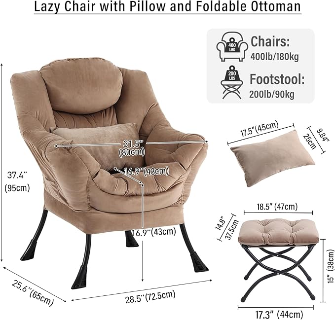 Lazy Chair with Ottoman Modern Accent Chair with Lumbar Pillow Velvet Khaki Sofa Armchairs with Folding Footrest Oversized Supportive Chairs for Bedroom Reading