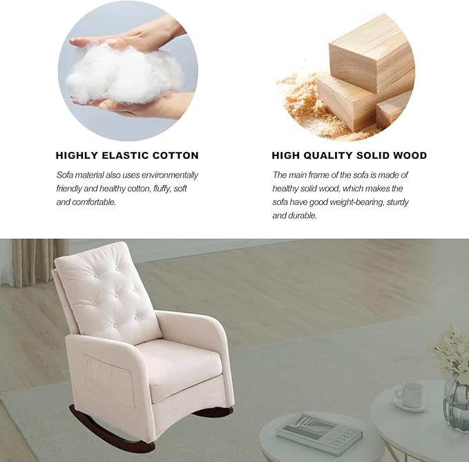 Modern Accent Tufted Rocking Chair High Backrest Living Room Lounge Arm Rocking Chair Two Side Pocket