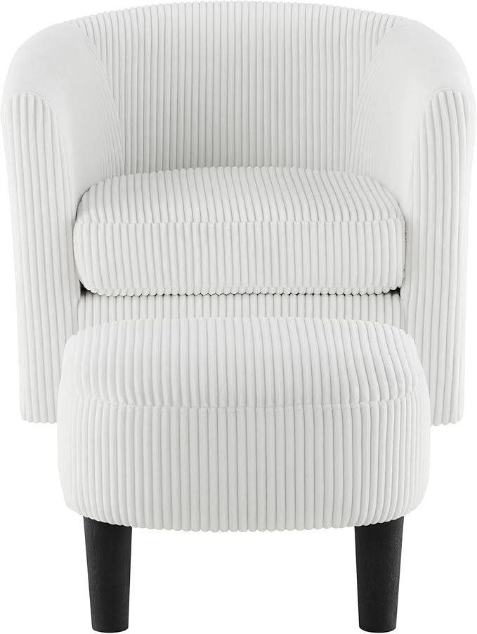 Corduroy Swivel Accent Chair with Ottoman Round Barrel Chair with Armrest Comfy Reading Chair for Living Room Bedroom Office (White)