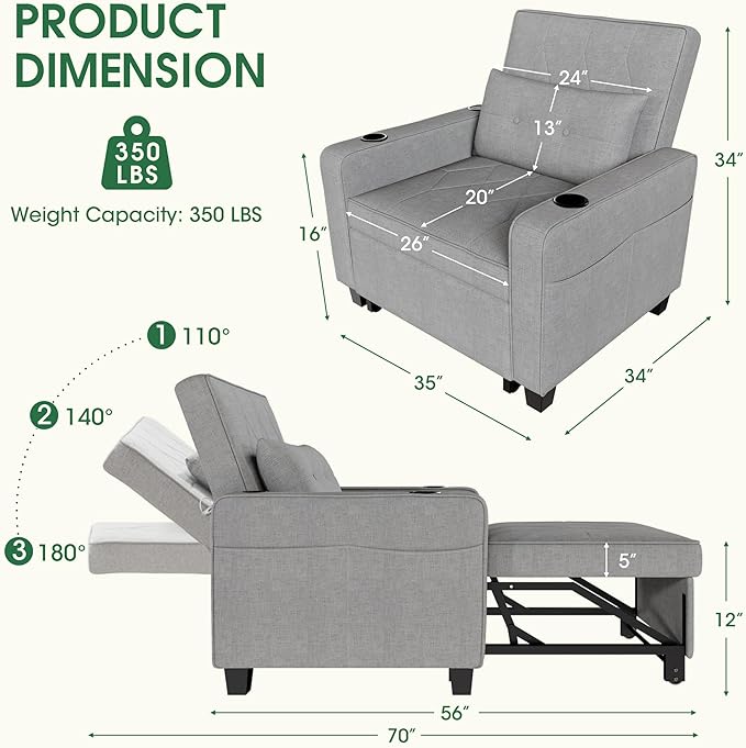 AILEEKISS 3 in 1 Convertible Sleeper Chair Bed Pull Out Sofa Chair Bed with Cup HoldersUSB &amp Type C PortsSide Pockets Linen Fabric Sleeper Single Sofa Couch for LivingroomApartmentOffice(Grey)