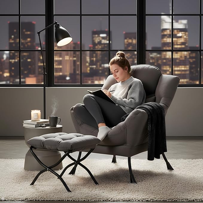 Lazy Chair with Ottoman Comfy Fabric Accent Lounge Arm Chair with Lumbar Pillow and Folding Footrest Reading Leisure Sofa Armchair for Bedroom Living Room DormDark Grey