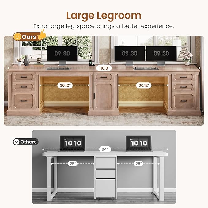 SEDETA Farmhouse 110.3 Two Person Desk with 7 Drawers Long Computer Desk with Storage Cabinet 2 Person Desk with Power Outlets for Home Office Natural Oak