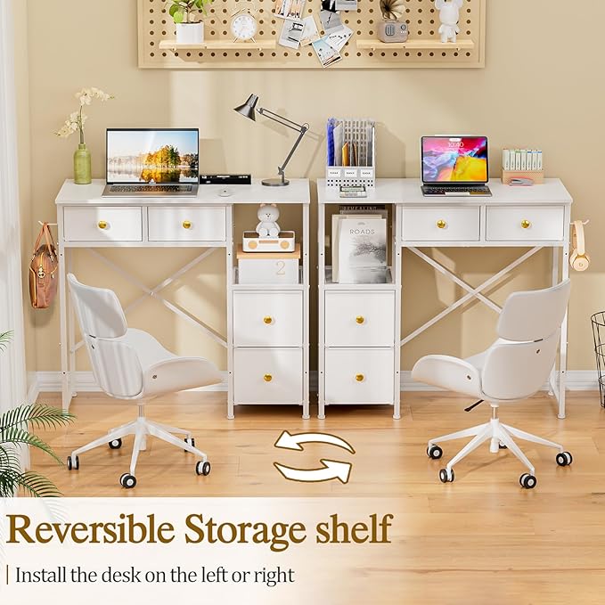Small Computer Desk with 4 Fabric Drawers Simple Writing Desk for Home Office Compact Study Desks for Small Spaces Kids Desk Study for Bedroom White