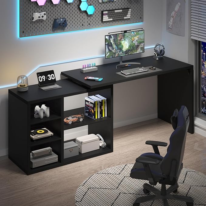 HSH Black L Shaped Computer Desk Corner Desk with Storage Cabinet Shelves Reversible Industrial Wood Executive Workstation L-Shaped Home Office Table for Work Study Writing Gaming 55 Inch