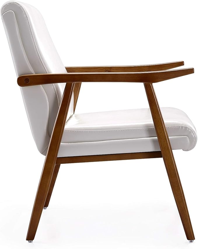 Manhattan Comfort Archduke Mid Century Modern Accent Chair Set of 2 Fully Assembled Made of Beech Wood Frame Upholstered in Faux Leather Ideal for Living Room Bedroom &amp Office Use White