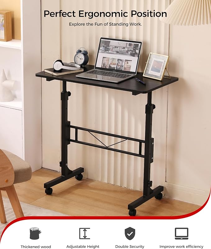 Standing Desk Adjustable Height Mobile Stand Up Desks with Wheels Small Computer Desk Rolling Desk Portable Laptop Desk Black Standing Table Sit Stand Home Office Desks 16x31.5 Height 27-43.5