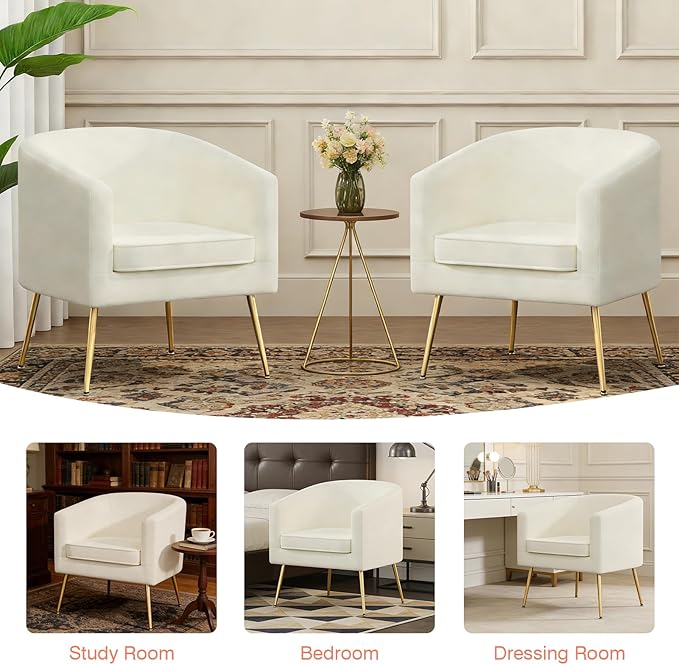Velvet Accent Chair Modern Barrel Armchair with Gold Legs Upholstered Club Chairs for Living Room/Bedroom/Guest Reception White