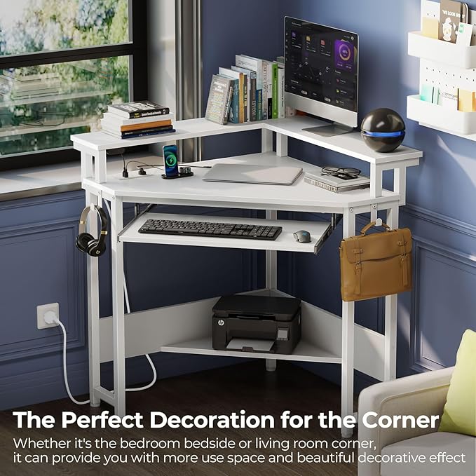 Rolanstar Corner Desk 44.5 W x 34.5 H Small Computer Desk with Power Outlets Gaming Desks with LED Lights Triangle Corner Table with Keyboard Tray &amp Monitor Stand for Small Space White