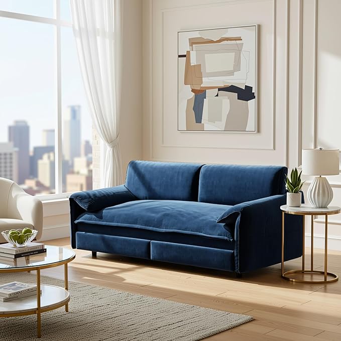 Homy Casa 66 3-in-1 Convertible Sofa Bed Queen Size Pull-Out Bed with Side Storage Velvet Loveseat Modern Sleeper Sofa for Living Room Office or Guest Room (Blue)