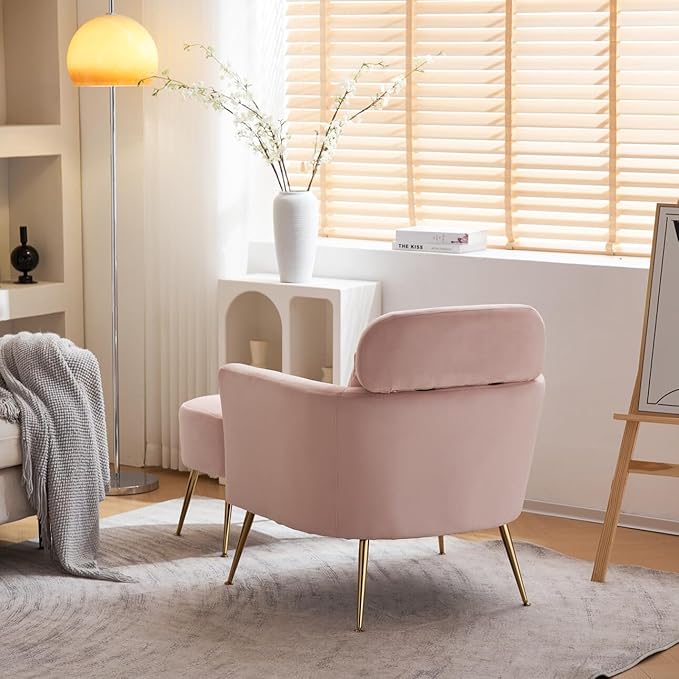 Accent Chair with Ottoman Velvet Wingback Chair with Lumbar Pillow and Footstool Upholstered Single Sofa Chair with Golden Metal Legs Leisure Armchair for Living Room Bedroom Office Pink