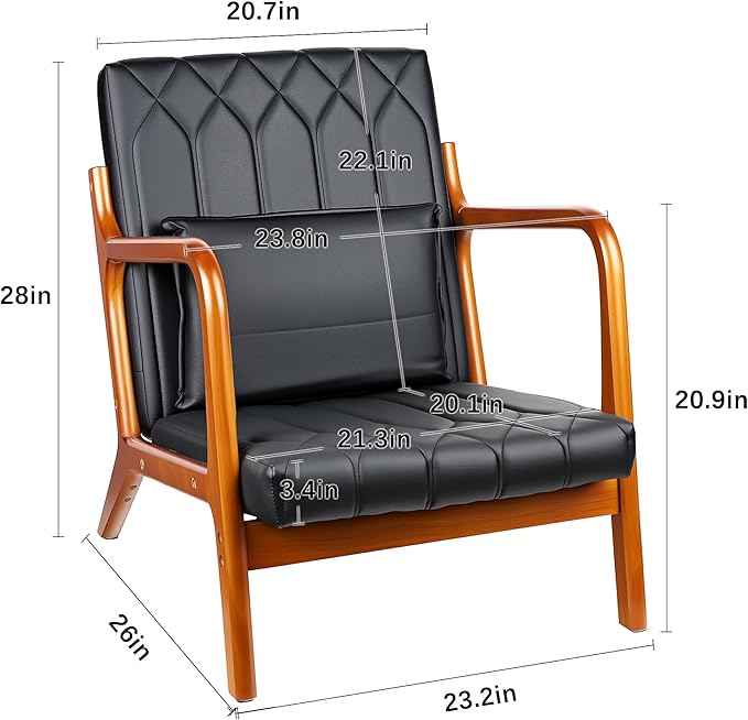VECELO Mid-Century Modern Accent Chair with Faux Leather Cushion &amp Solid Wood Frame Lounge Armchair for Living Room Bedroom Office Black